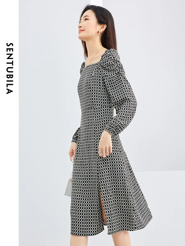 SENTUBILA 女性ヴィンテージドレス 2025 秋パフスクエアカラープレーンプリントドレスオフィスレディスリーブスモックドレス 141L53178X
