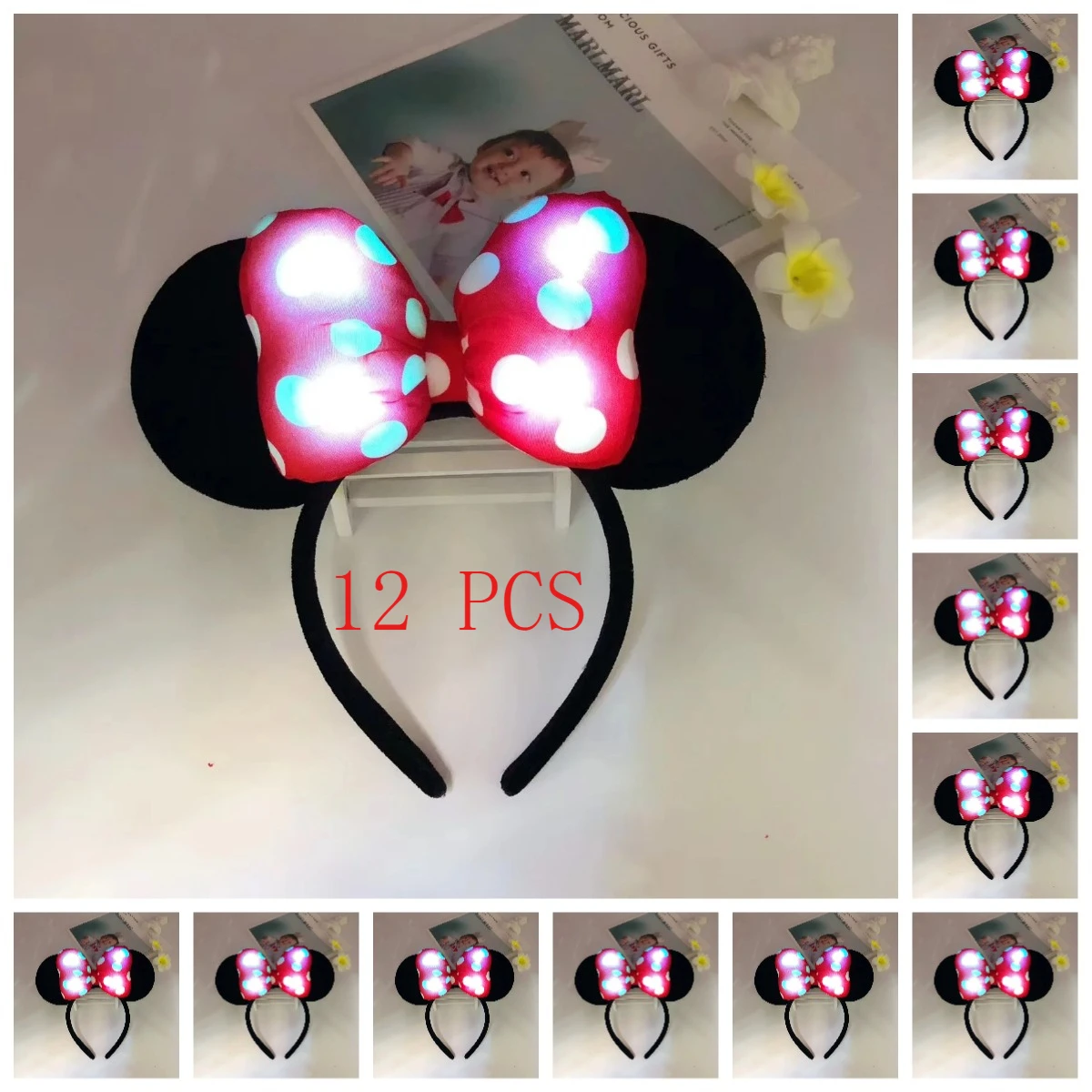 

12pcs/set Party Mouse Hair LED Bows Hair Accessories Adult Festival Cartoon Ear Headband Polka Dot Bow Knots Hairbands