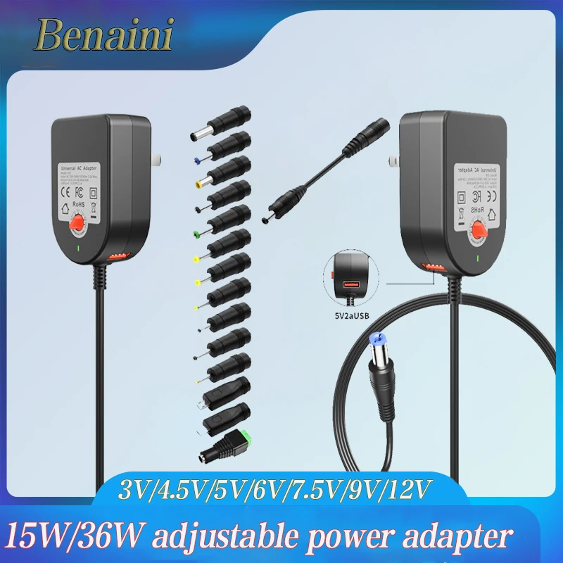 

15/36W Adjustable Adapter, 3-12V Adjustable Voltage Charger Universal Charging, 1 USB Interface, 8/14 Conversion Heads