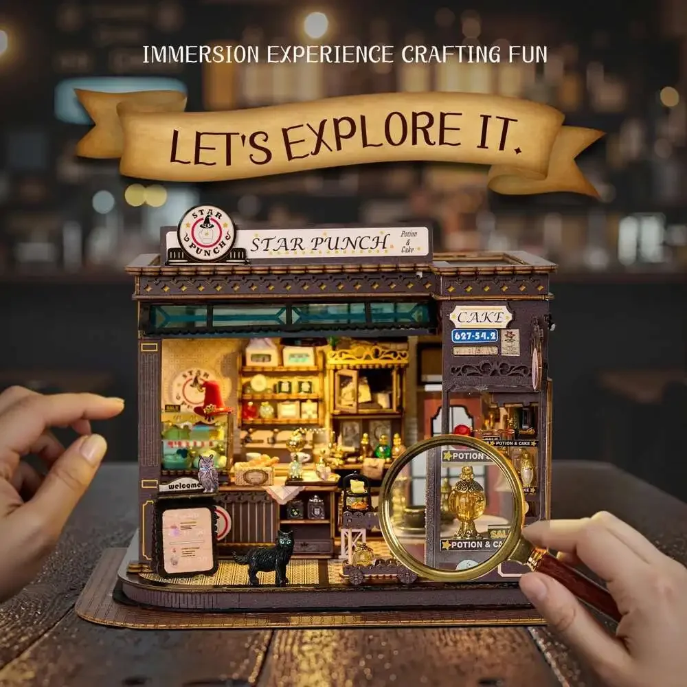 FurHaven Retro Magic Coffee Shop DIY Wooden House Figurines Miniatures Kits Home Desk Decoration For Adult Handmade Gifts