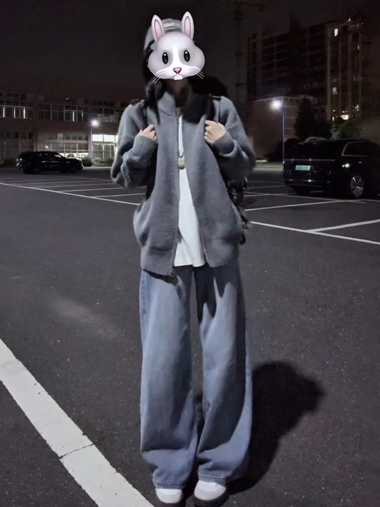 

ay Zipper Knit Cardigan Loose Jeans Boys Full Set Lazy Sle Autumn Faion Stand Collar Knitted Sweater Casual Loose Jeans