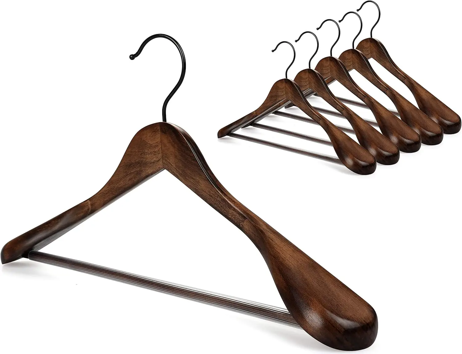 

Set of 6 Premium Wooden Hangers with Retro Finish, Wide Shoulders, Black Hooks & Anti-Slip Bar for Coats and Jackets