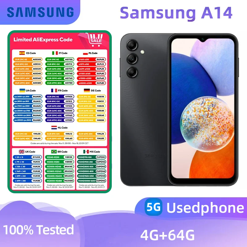 Samsung Galaxy A14 5g Smartphone Exynos 1330 6.6-inches Screen 4RAM 64GB Android Original Used Phone