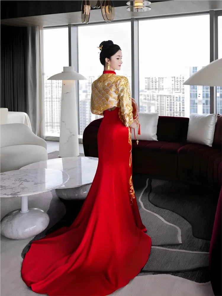 

Новое платье для тостов с маленьким хвостом, свадебное платье невесты в китайском стиле с драконом и фениксом.