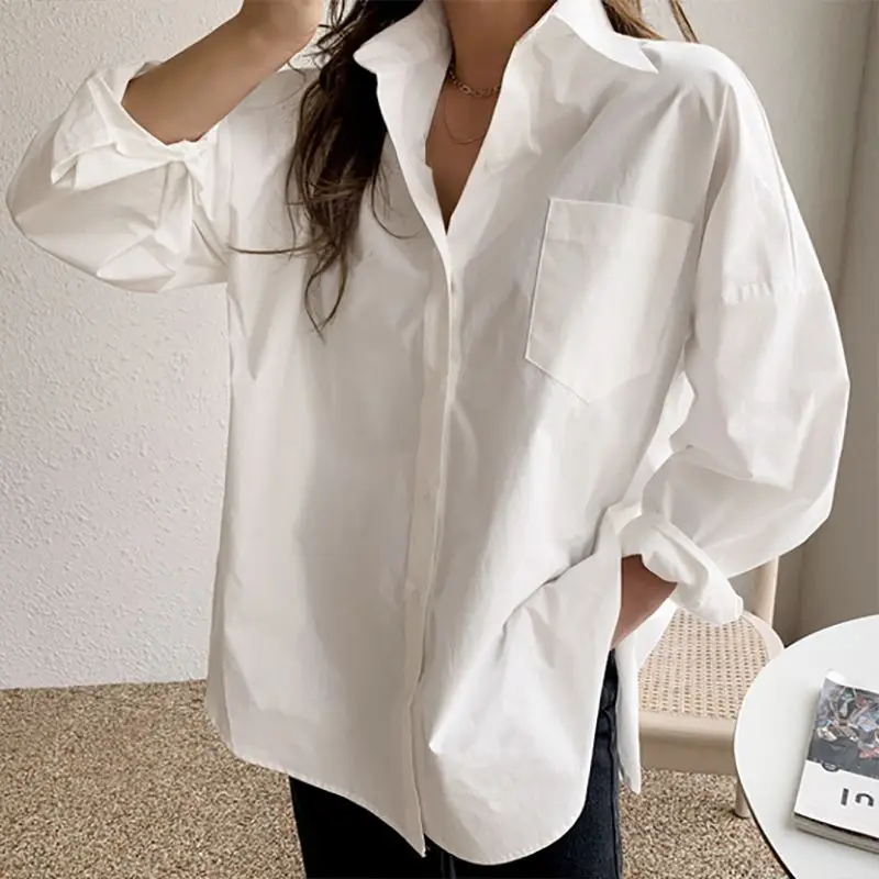 2024 Spring Autumn Women Vintage Minimalist Oversize Shirts Y2K Casual Streetwear Black White Blouse Long Sleeve Chic Tunic Tops