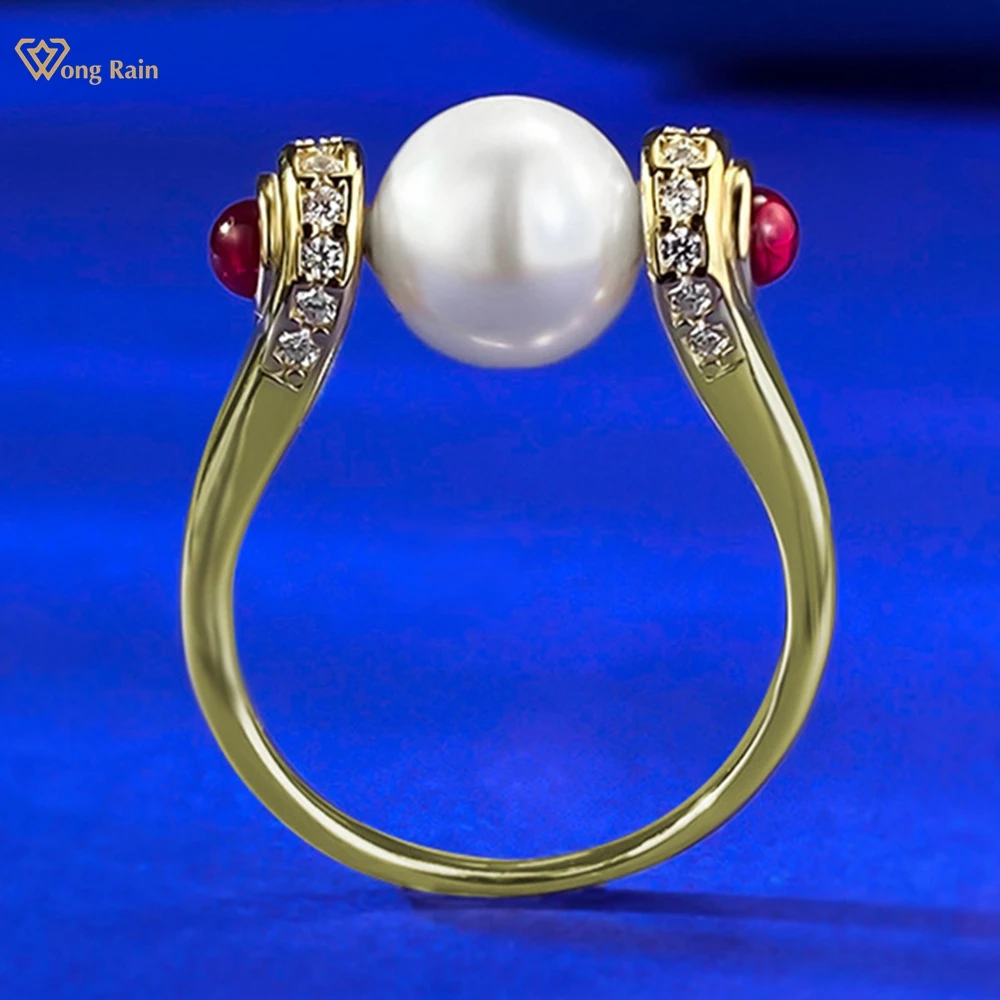 Wong Rain Vintage Solid 925 Sterling Silver Pearl High Carbon Diamonds Gemstone Ring dla kobiet Drobna biżuteria Prezenty rocznicowe