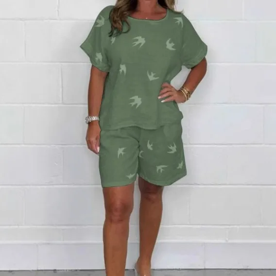 

Casual Printed 2 Piece Set Summer O-neck Short Sleeved Pullover Top Elastic Waist Shorts Suit Fashion Commuting Women Clothing