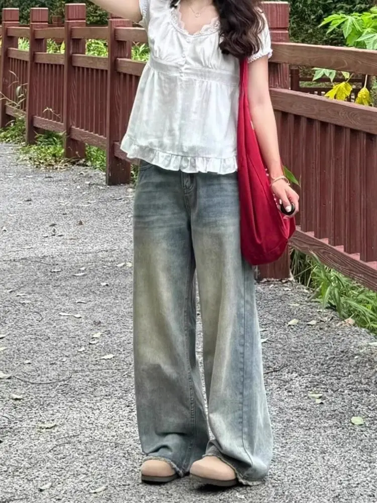 

Джинсы для девочек, женские мешковатые Y2K, уличная одежда, винтажная мода, широкие брюки, свободный крой, американский ретро, шик, модный, синий, черный, новый