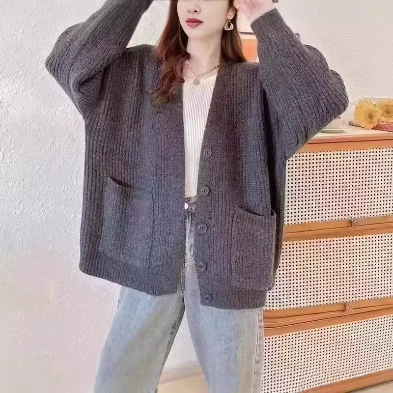 

Long Sleeve Pure Color Versatile Mid-Length Sweater Korean Style Elegant V-Neck Knitted Open Cardigan Women's Loose Fit