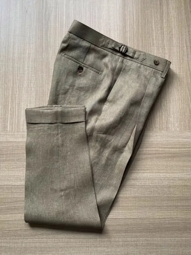 Mens Linen Suit Pants Spring Summer British Style Office Men Daily Business Casual Straight Trousers Vintage Ankle Length Pants