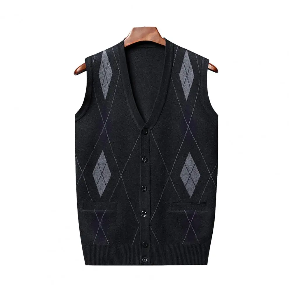 V-neck Cardigan Stylish Men's V-neck Sleeveless Cardigan Vest with Buttons Pockets Mid-aged Male Top for Autumn Winter Fashion