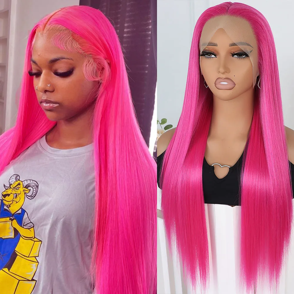 13x4 Lace Front Wig Synthetic Long Silky Straight Hair Wig Free Part Rose Red Color Glueless Replacement Wigs Heat Resistant