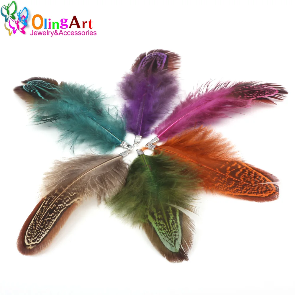 OlingArt Colorful Dyeing Natural Feathers Tassel 12pcs Women Earrings Bracelet Choker DIY Jewelry Making  Keychain Pendants view 2