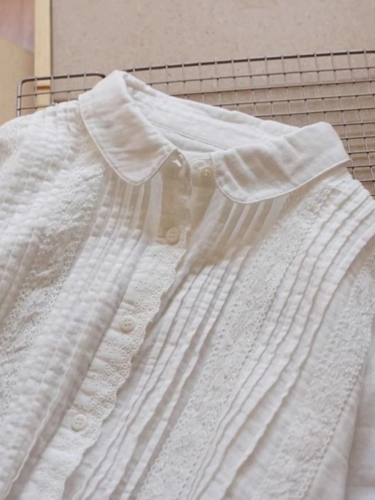 

White Cotton Gauze Pleated Loose Women's irt Spring Autumn Japanese Sle Lace Trim Pure Cotton Double Layer irt Anti Aging