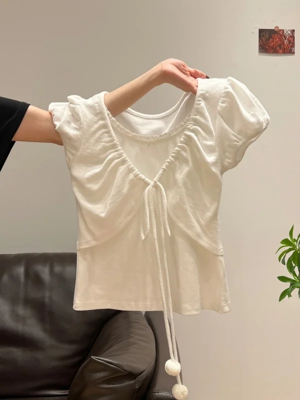 

Sweet Style Short Sleeve Bubble Sleeve T-Shirt Women's Summer Soft Furry Ball Tie Top Design Casual Comfortable Inner Wear