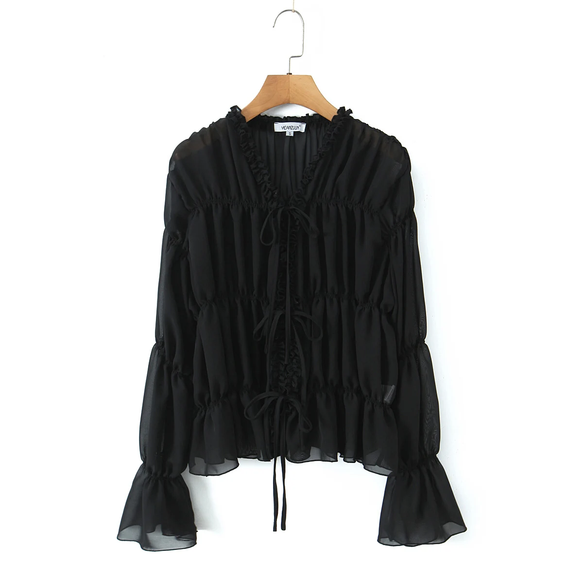 Holiday Women Bow Lacing up Front V Neck Ruched Lotus Root Long Sleeve Shirt Spring Summer Women Sheer Loose Chiffon Blouse Tops