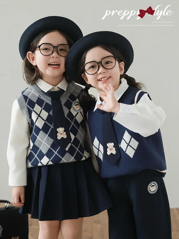 Girls\' College Style Series Autumn Navy Collar Coat Grid Jacquard Vest Multi Piece Set