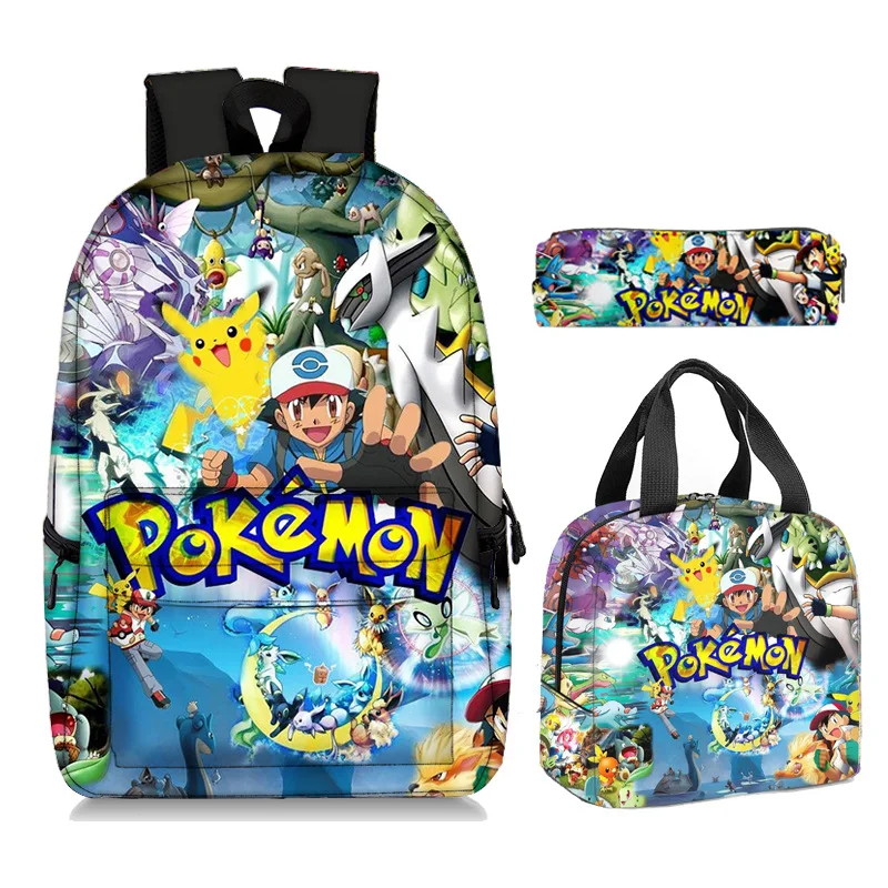 Upgrade Pikachu School Bag Three-piece Pokemon Cartoon Anime Student Pencil Bag Lunch Bag Birthday Gift for Girls Kids Boys