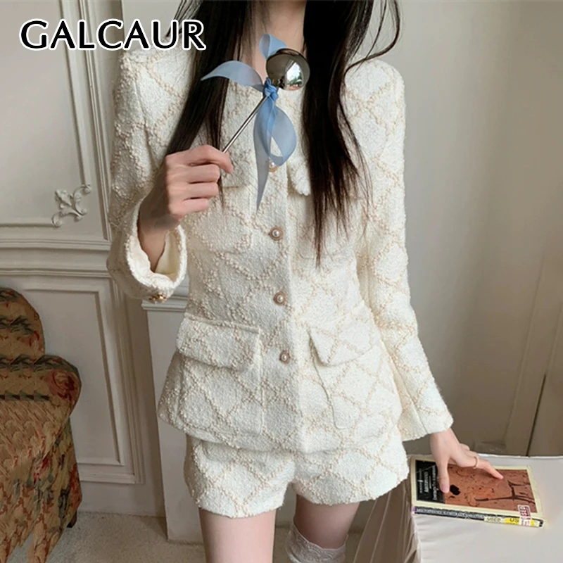 GALCAUR Elegant Luxury Women\'s Shorts Outfits O Neck Long Sleeve Spliced Metal Buckle Jackets Slimming Mini Trousers Sets Female