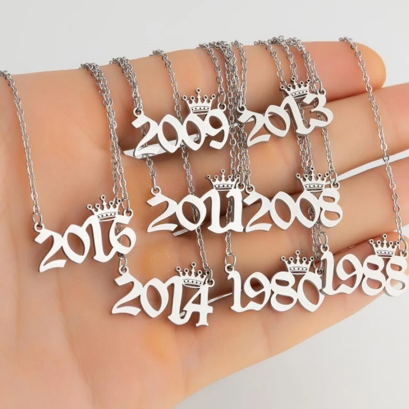 Stainless Steel Birth Year Number Necklace With Crown For Women Girls Pendant Chain Birthday Gift From 1980 to 2024