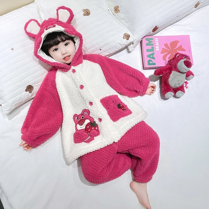 Children'S Cute Cartoon Strawberry Bear Thick Cardigan Pajamas Winter New Coral Velvet Home Clothes Warm Set Safety Class B