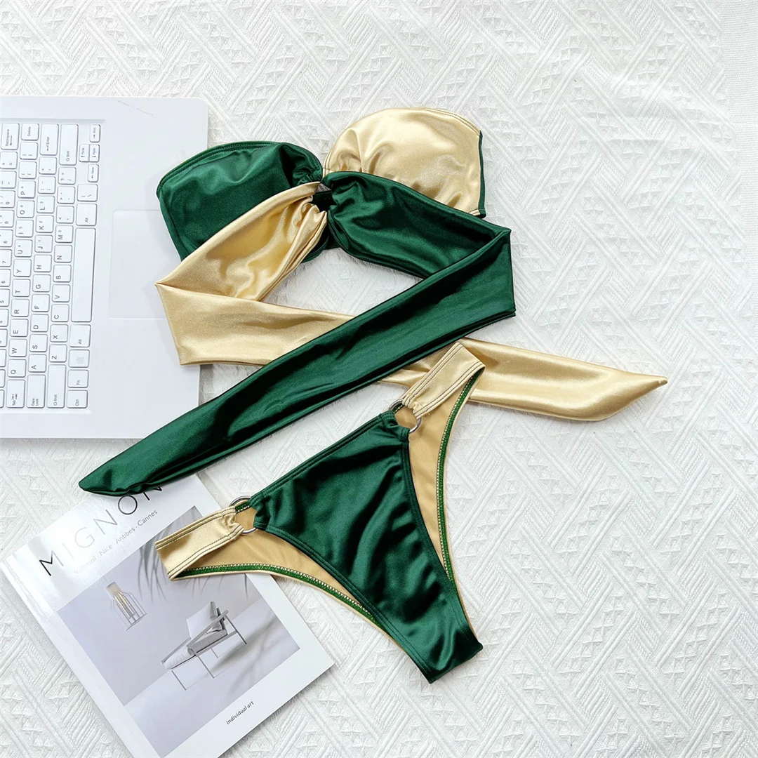 Neuer sexy, trägerloser Bandeau-Bikini mit Splicing-Design, Damen-Badeanzug, zweiteiliger Bikini-Set, Badebekleidung, Badeanzug, Schwimmanzug V3859 – Detail 15