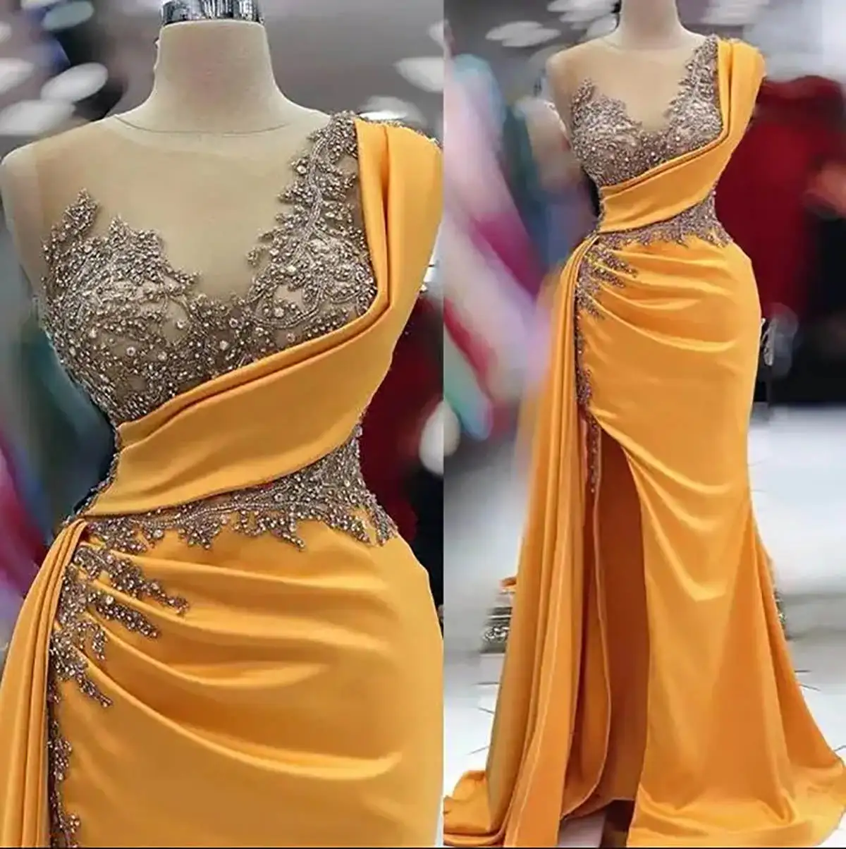 Gold Sheath Gown Prom Dresses Appliques Sequins Pleat Pattern Satin Party Dresses Big Size Custom Size Colour vestidos de festa