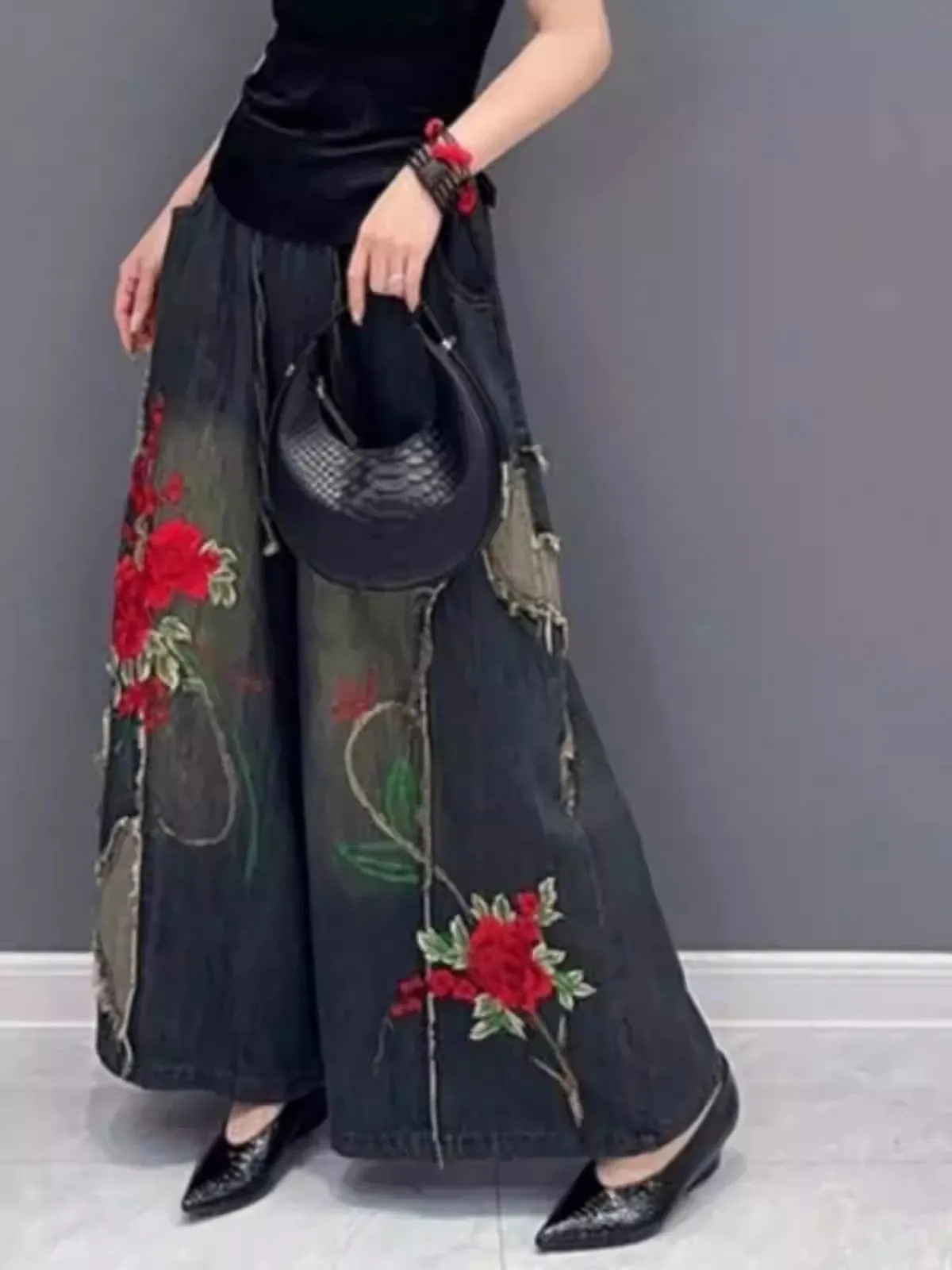 Autumn Women's Straight Jeans New Korean Fashion High-waist Ethnic Style Embroidered Drawstring Oversized Denim Wide-leg Pants