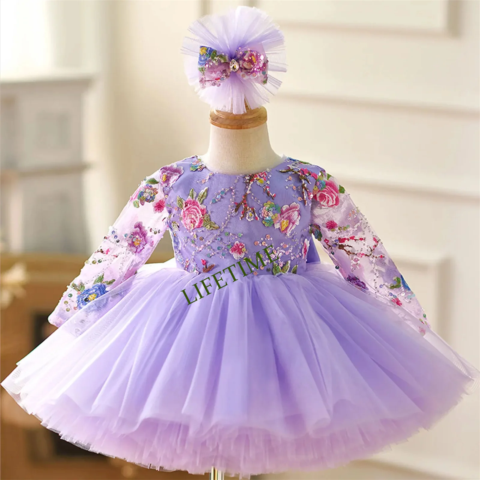 CustomizedDusty Pink Lace Knee Length Girl Dress with Sleeve Princess Children Birthday Wedding Party Pageant Ball Gown