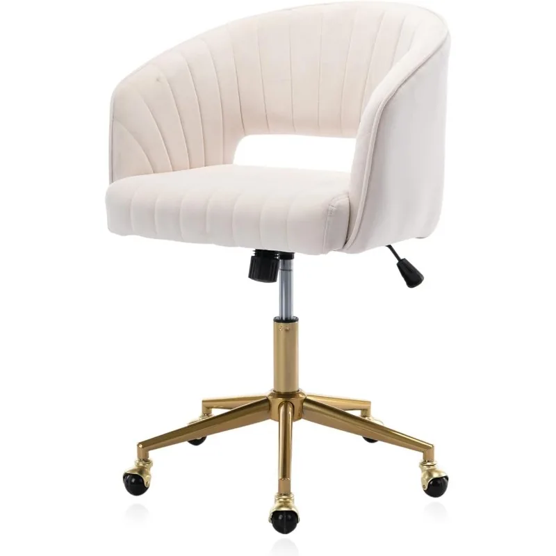 Velvet Home Office Chair, Modern Swivel Desk Chair with Gold Base, Round Solid Wheel, Adjustable Vanity Chair for Study,