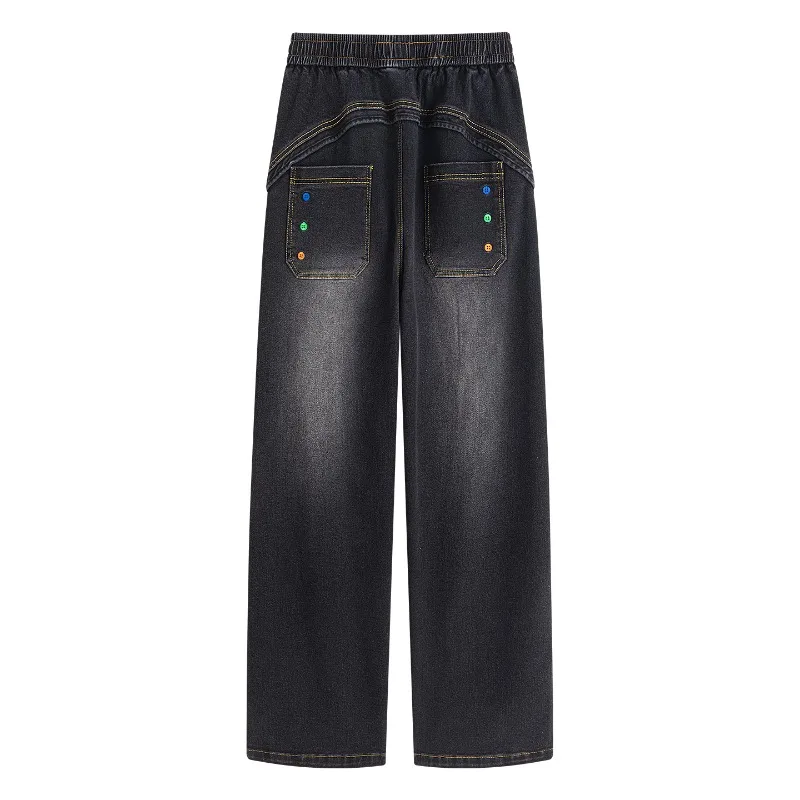 OIQERE 2026 Autumn Men American Washed Structured Seam Silhouette Jeans Loose Big Size Straight Leg Streetwear Denim Pants