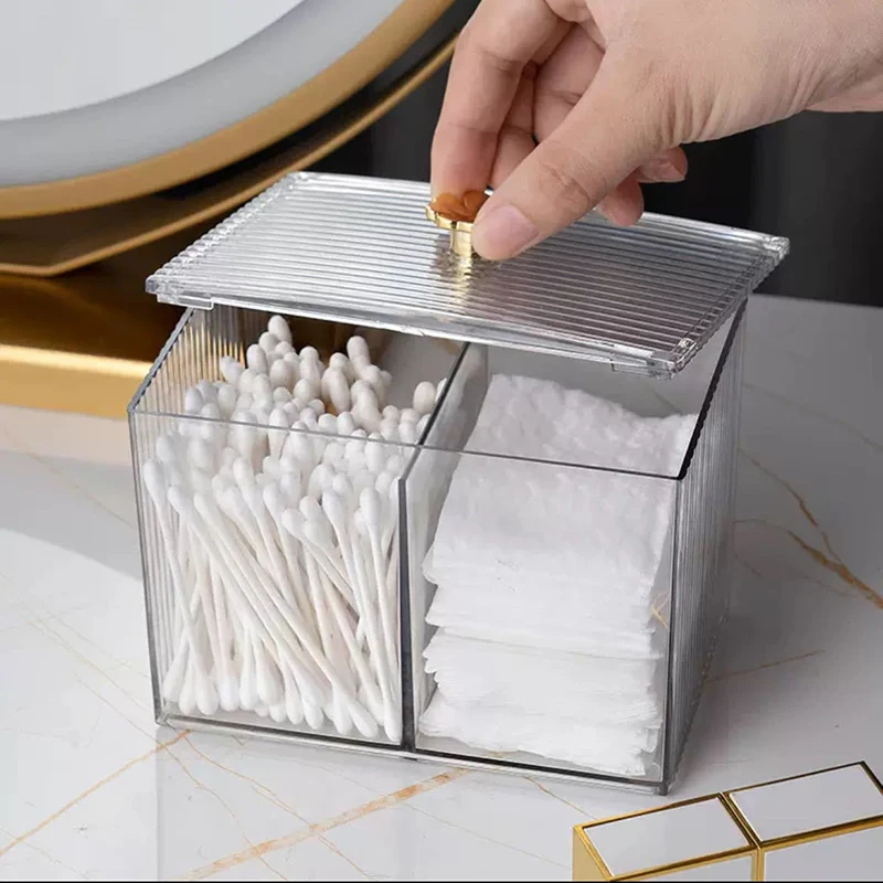 Boîte de rangement pour coton-tiges 1/2 compartiment avec couvercle, organisateur de maquillage en acrylique transparent pour salle de bain et bureau, conteneur de rangement cosmétique