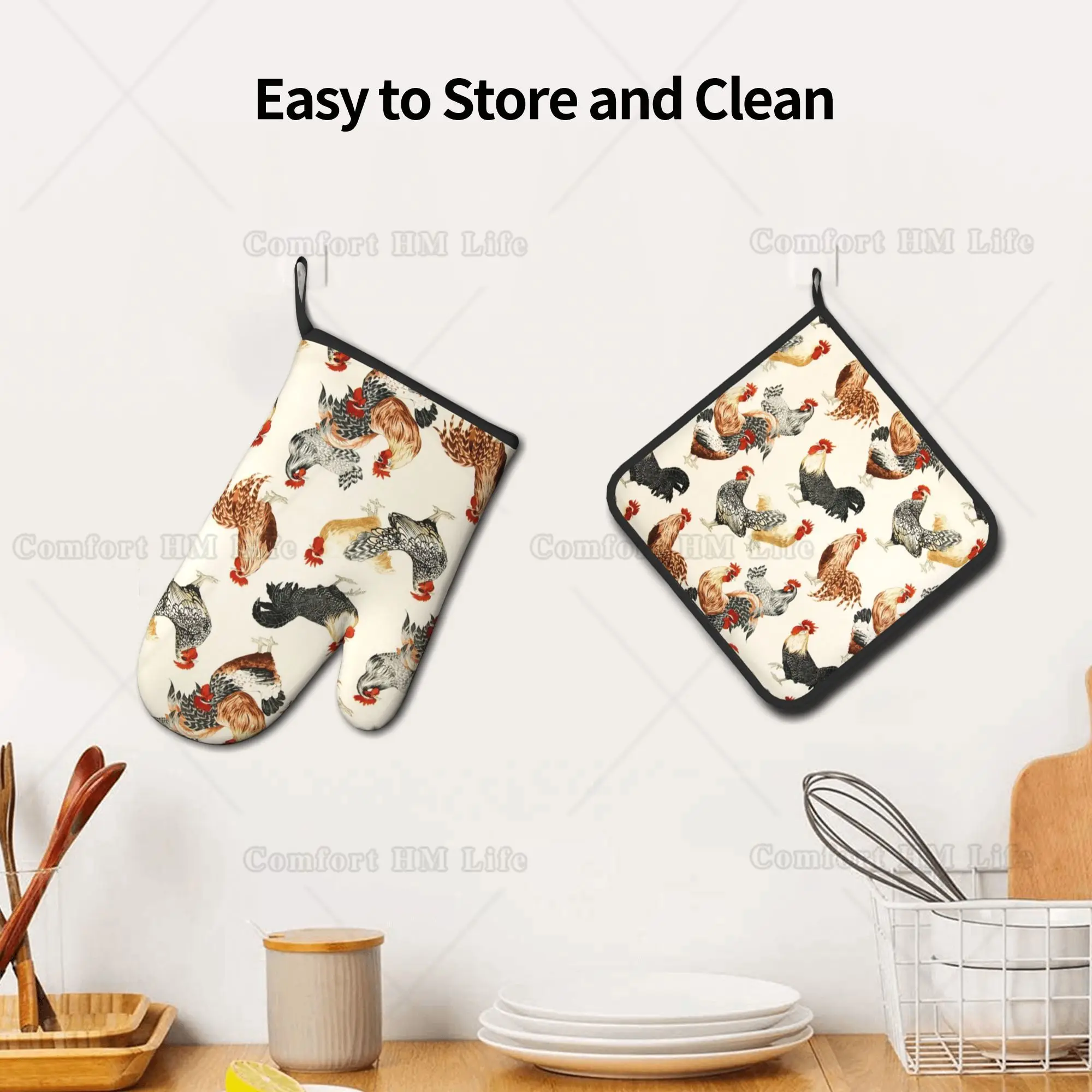 Chickens Rooster Oven Mitts and Pot Holders Set of 2 Heat Resistant Microwave Oven Gloves for Safe Cooking Baking Grilling