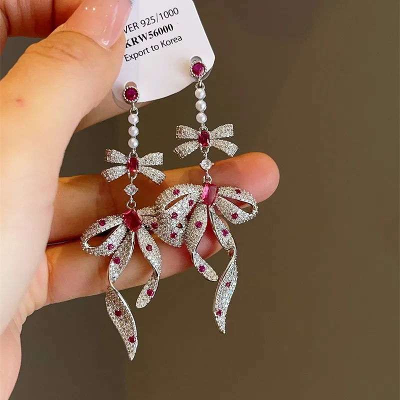 Micro Pave Zircon Bow Ribbon Dangle Earrings Heavy Craft Niche Light Luxury Women Jewelry Gift