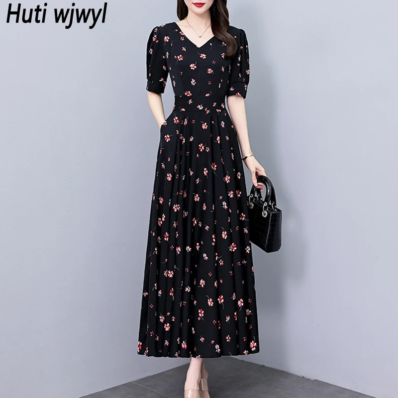 2025 Vintage imprimé fleuri décontracté noir Maxi robe printemps été bal en mousseline de soie robe élégante femmes moulante fête soirée robes