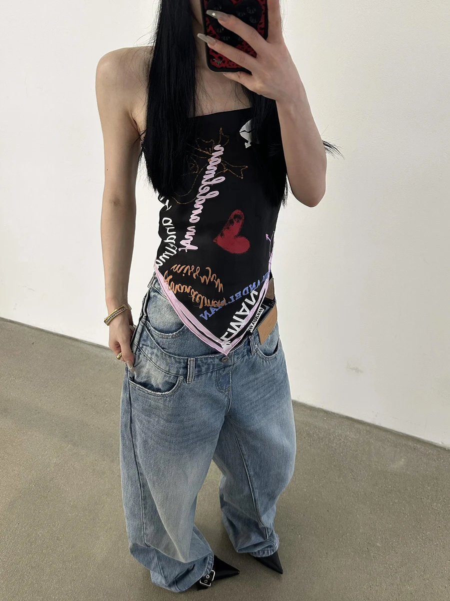 กางเกงยีนส์ทรงบอยเฟรนด์เอวต่ำแบบสองชิ้นปลอม มีกระเป๋า ลุคสบายๆ สไตล์เกาหลี REDDACHiC