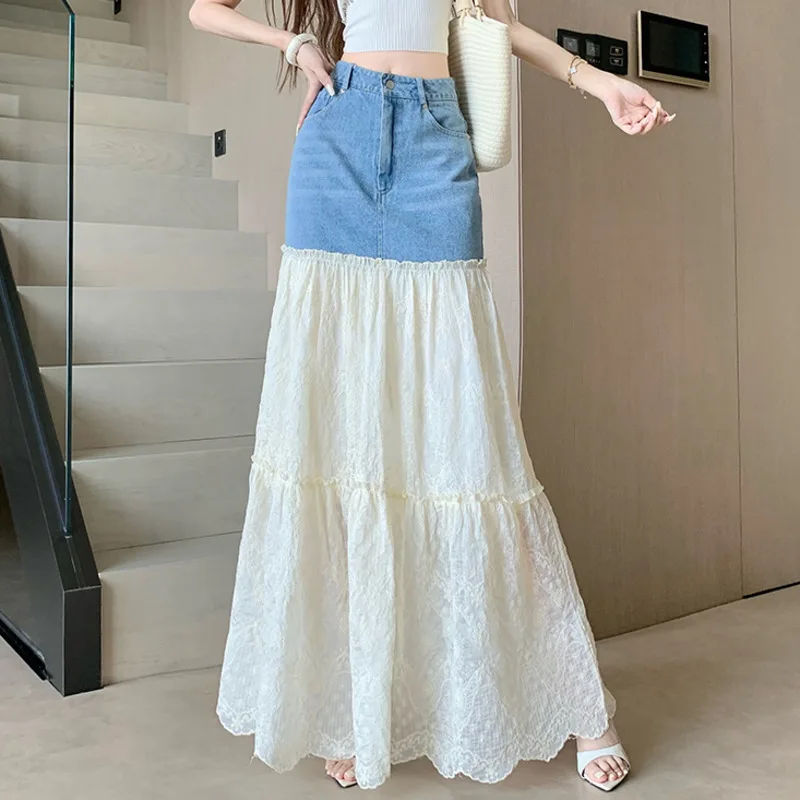 ANJY été nouvelles femmes douce jupe dentelle Patchwork Denim contraste couleur plissée élégant à la mode haute rue décontracté Y2K jupes A9695