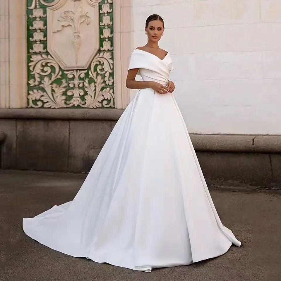 

Gorgeous Ball Gown Wedding Dresses Off Shoulder V Neck Simple Satin Sweep Train Corset Bridal Dress Customized