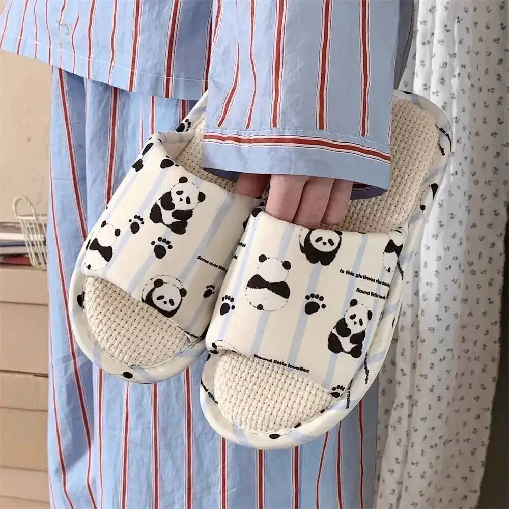 Women's Cartoon Panda Linen Slippers Four Season Versatile Student Home Use Sweat Absorbent Cotton Linen Slippers For Air