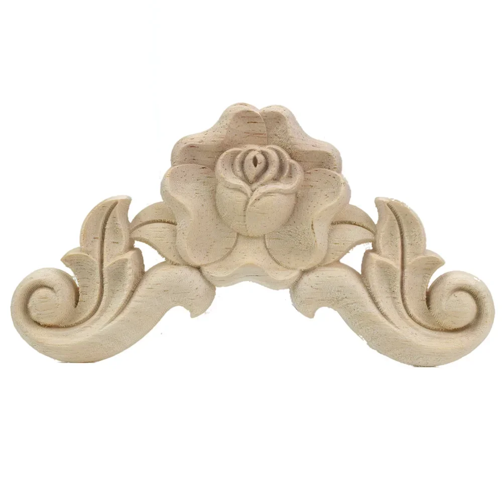 4PCS 8/10CM Natural Floral Wood Carved Wooden Figurines Crafts Corner Appliques Frame Wall Door Furniture Woodcarving Decor