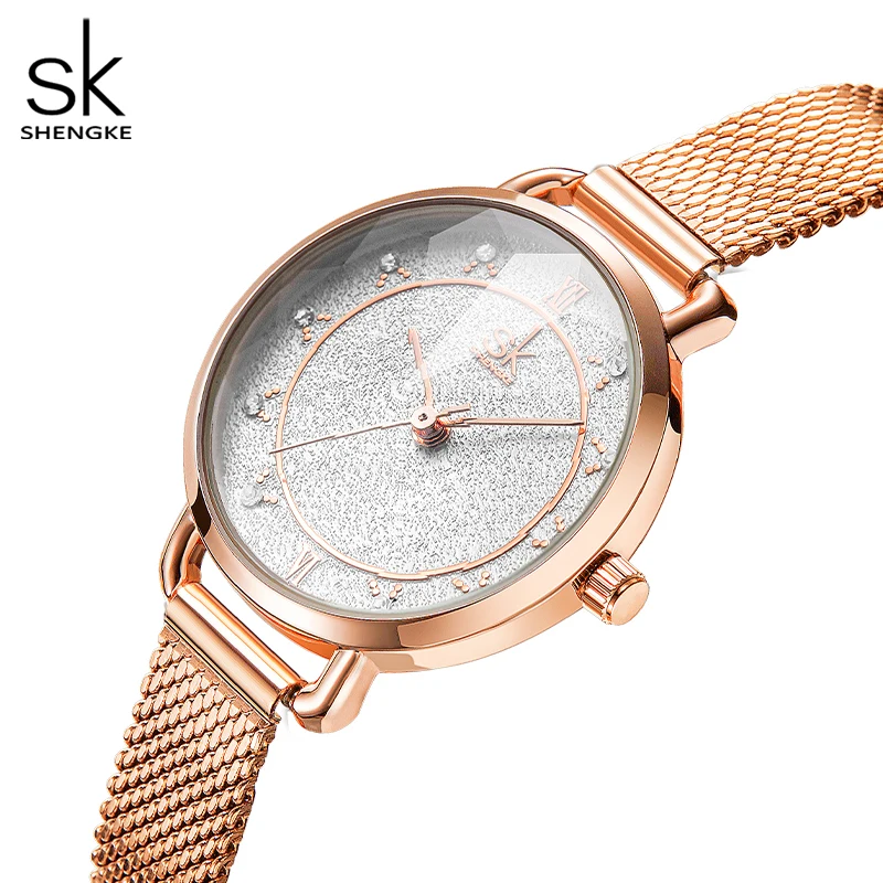 Shengke Fashion Women\'s Watches Top Luxury Design Woman Quartz Wristwatches Brand Elegant Gifts Clock for Female Rose gold Color