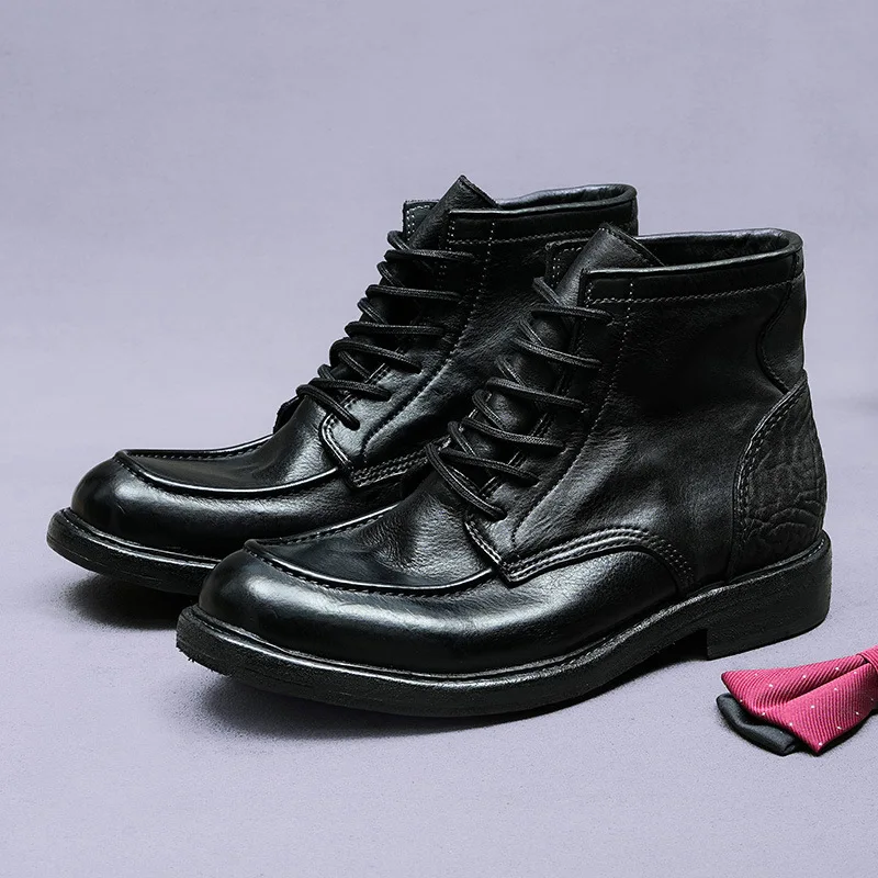 Men's Genuine Leather Moc Toe Ankle Boots High Top Vintage Lace Up Boots Classic Casual Leather Footwear for Daily Outdoor Wear