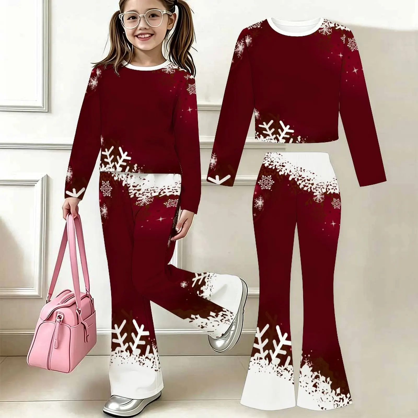 2pcs Children's Casual Pants Autumn Winter Girls' Trendy T-shirt Jogging Pants Slim Two-piece Set Fashion Bell-bottomed Pants