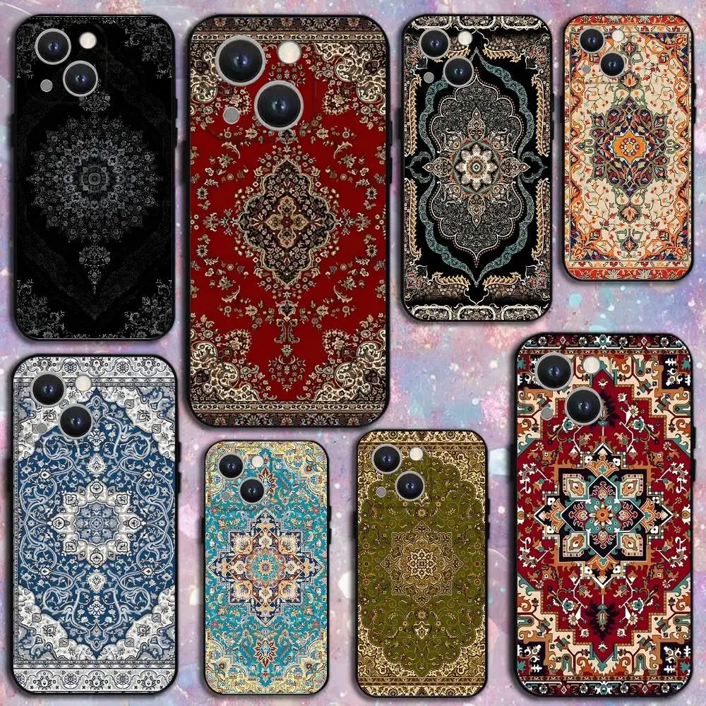 

Persian Carpet Floral Pattern Phone Case For iPhone 17,16,15,14,13,12,Plus,Pro Max,XS,X,XR,SE,Mini,8,7,Soft Silicone Black Cover
