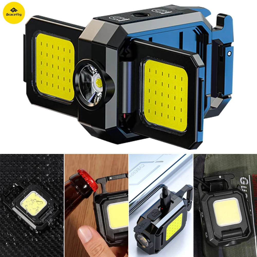 High Power Mini LED Flashlight Keychain Light USB Rechargeable COB Work Light with Bottle Opener Magnet Portable Camping Lantern