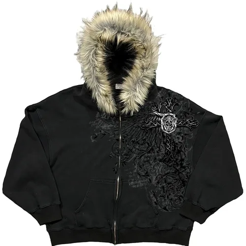 Imagen 2 del producto Estilo americano estilo hip-hop Y2K otoño e invierno nuevo artículo unisex estampado grueso chaqueta con capucha cálida cremallera con sombrero