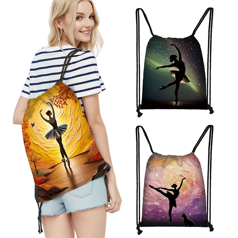 Cute Ballet Dancer Pattern Drawstring Bag Ballet Dancing Backpack Women Shoes Storage Bags Book Bag for Travel Shoes Holder