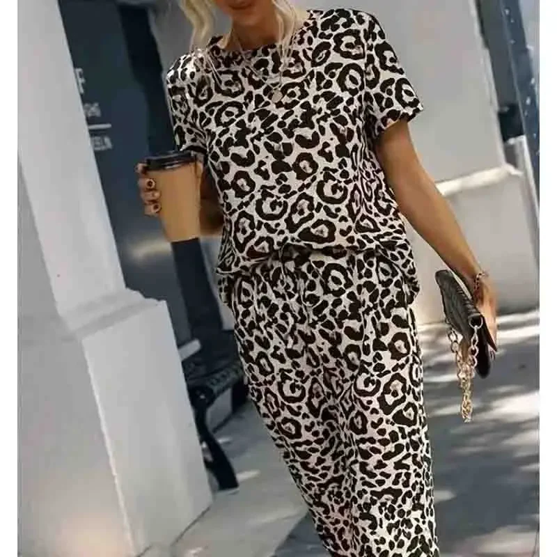 New Leopard Printing Loose Pants Sets for Women 2024 Elegant Summer Women\'s Two Pieces Suit Full Set Female Outfit Clothes 8680