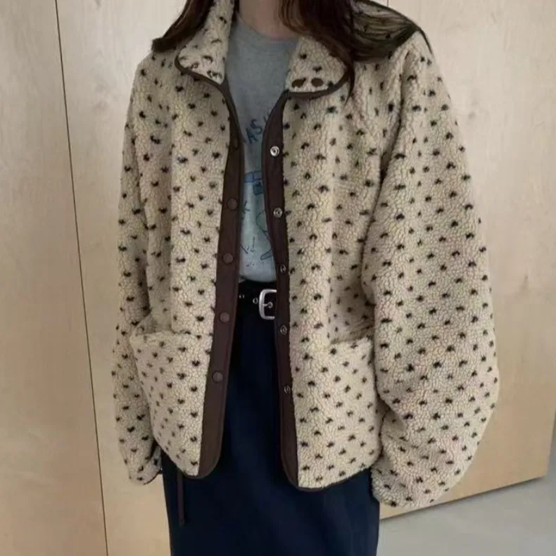 

Thiened Cotton Jaet Women's Two-Sided Wear Retro Heart Polka Dot Lamb Fur Coat Spring Autumn Winter Casual Loose Fit