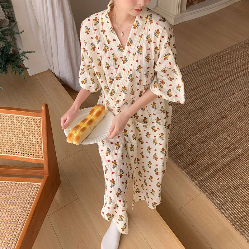 

Summer Cardigan Half Sleeved Night-Robe For Women 2024 New Cotton Gauze Loose Fitting Bathrobe Printed Lace-up Home Nightdress